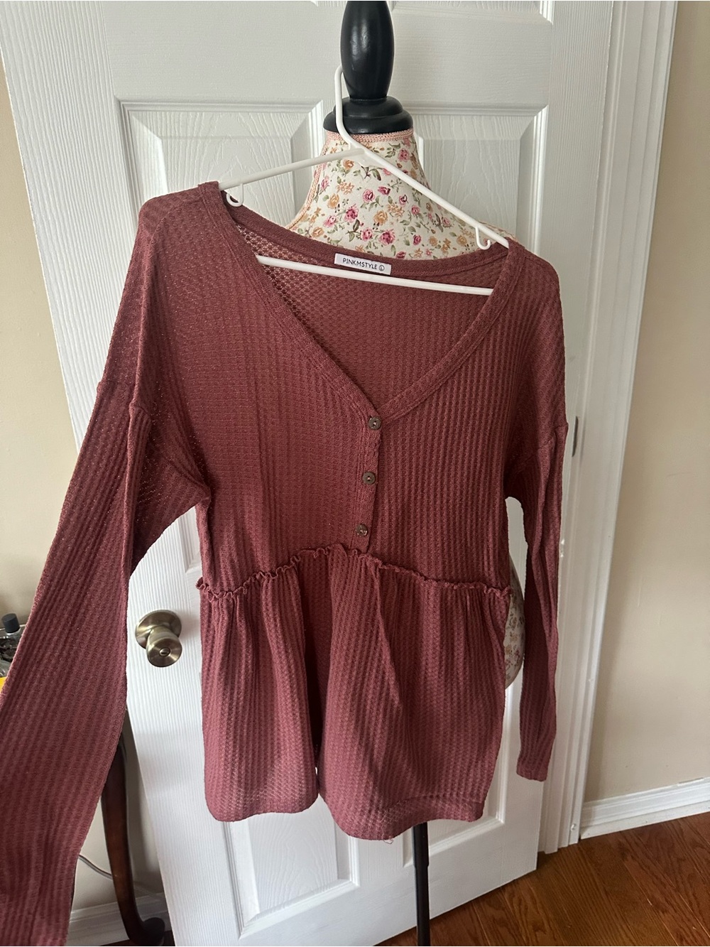 Pink Rose Dusty Mauve Waffle-Knit Peplum Henley Top